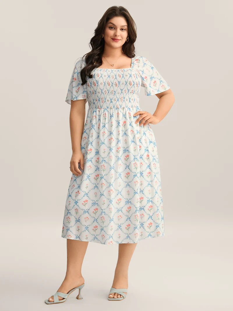 Shirred Floral Print Pockets Midi Dress