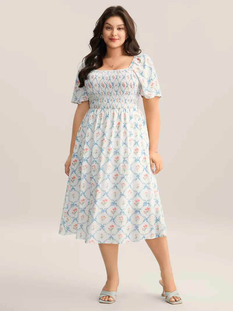 Shirred Floral Print Pockets Midi Dress
