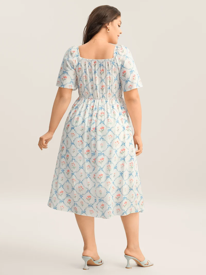 Shirred Floral Print Pockets Midi Dress