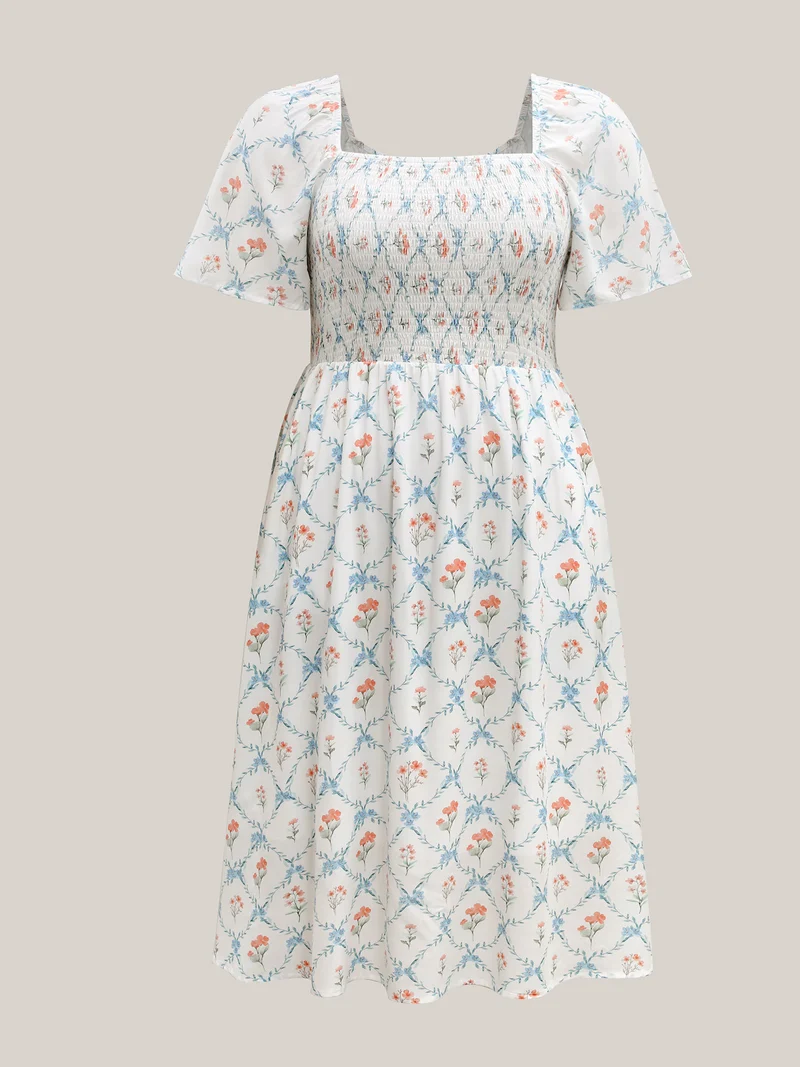 Shirred Floral Print Pockets Midi Dress