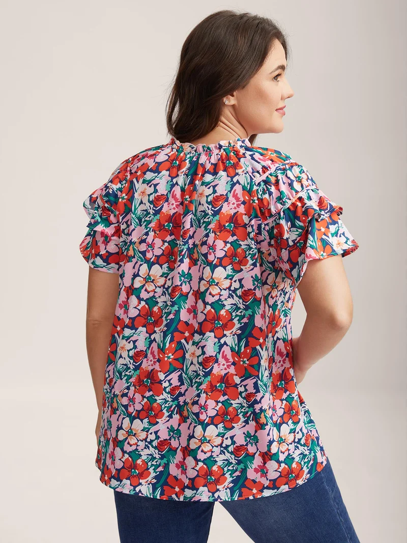Groovy Floral Print Ruffled Layered Sleeve Blouse