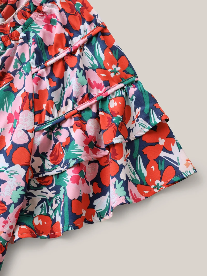 Groovy Floral Print Ruffled Layered Sleeve Blouse