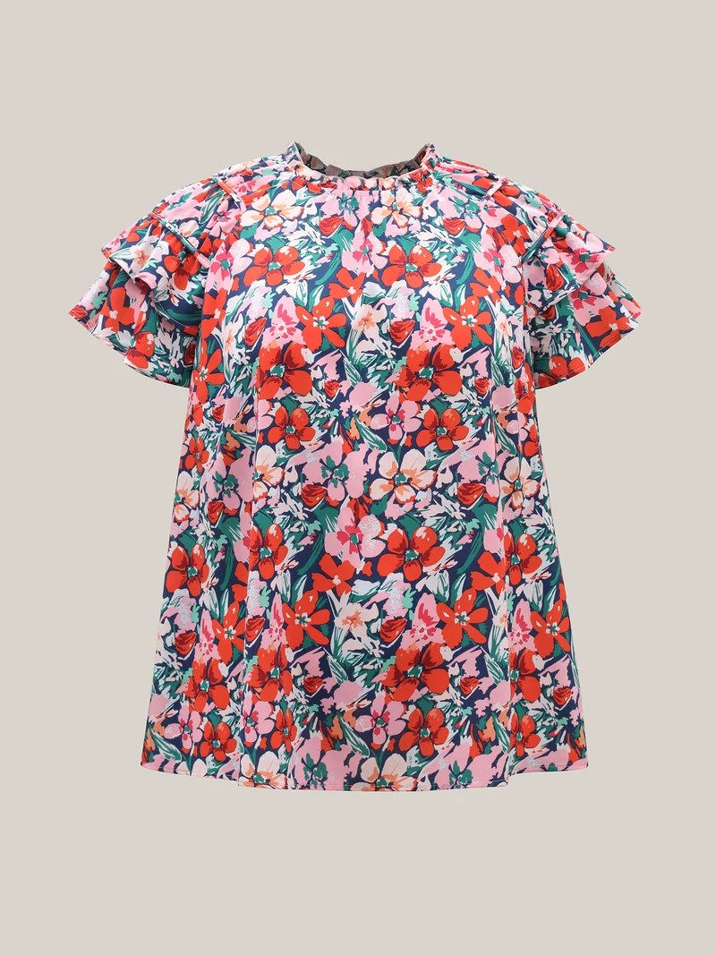 Groovy Floral Print Ruffled Layered Sleeve Blouse