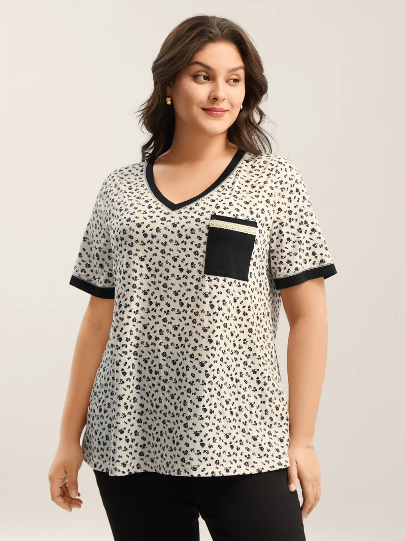 Stretchy Delicate Floral Print Contrast T-Shirt