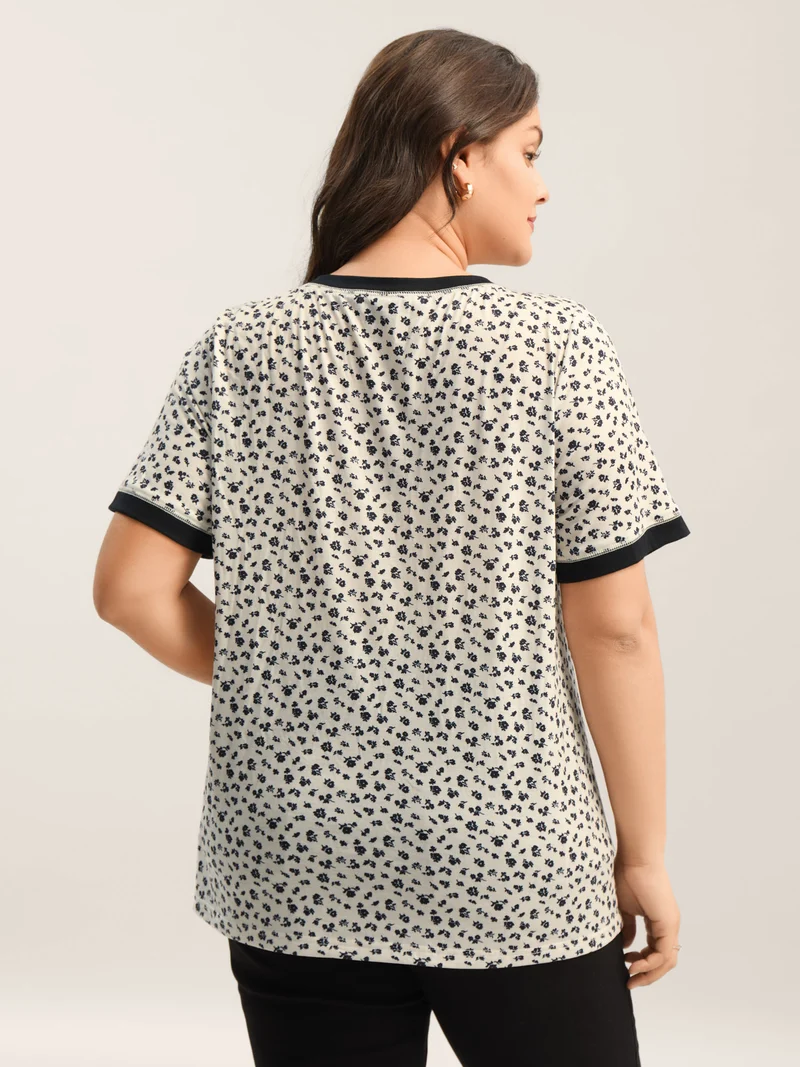 Stretchy Delicate Floral Print Contrast T-Shirt