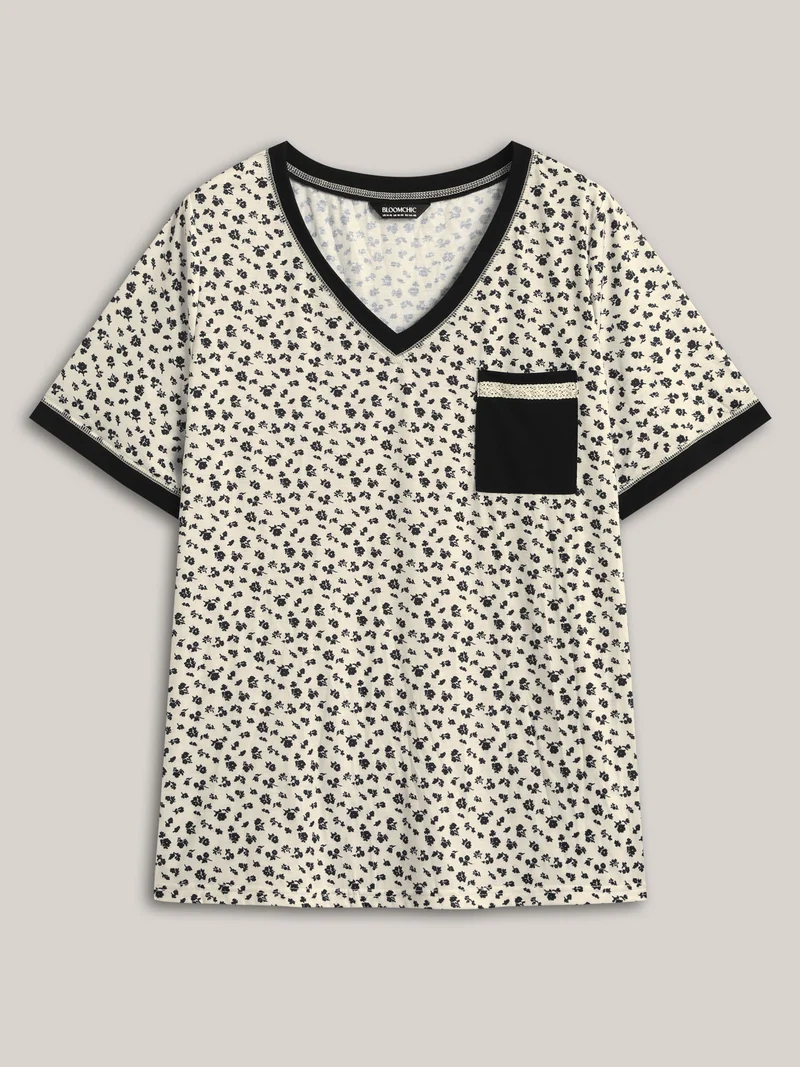 Stretchy Delicate Floral Print Contrast T-Shirt
