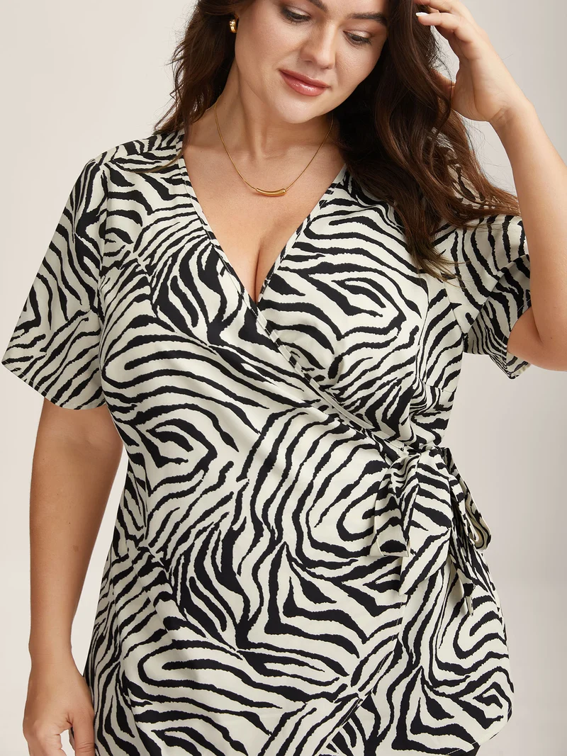 Zebra Print Wrap Tie Flowy Blouse