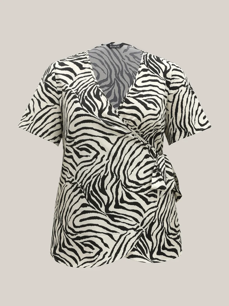 Zebra Print Wrap Tie Flowy Blouse