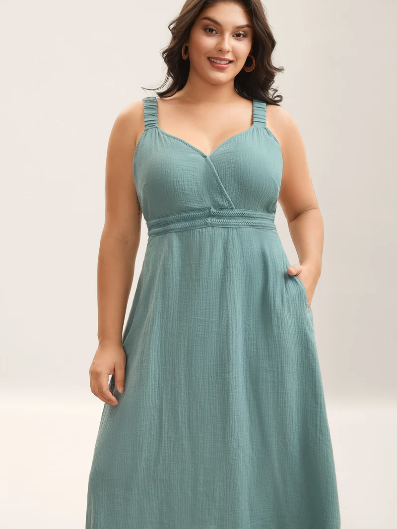 Cotton Textured Cinched-Waist A-Line Midi Dress