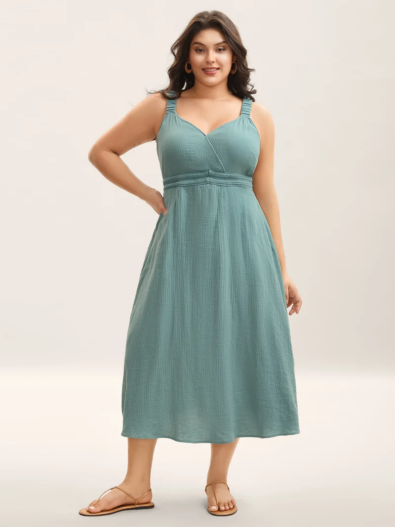 Cotton Textured Cinched-Waist A-Line Midi Dress