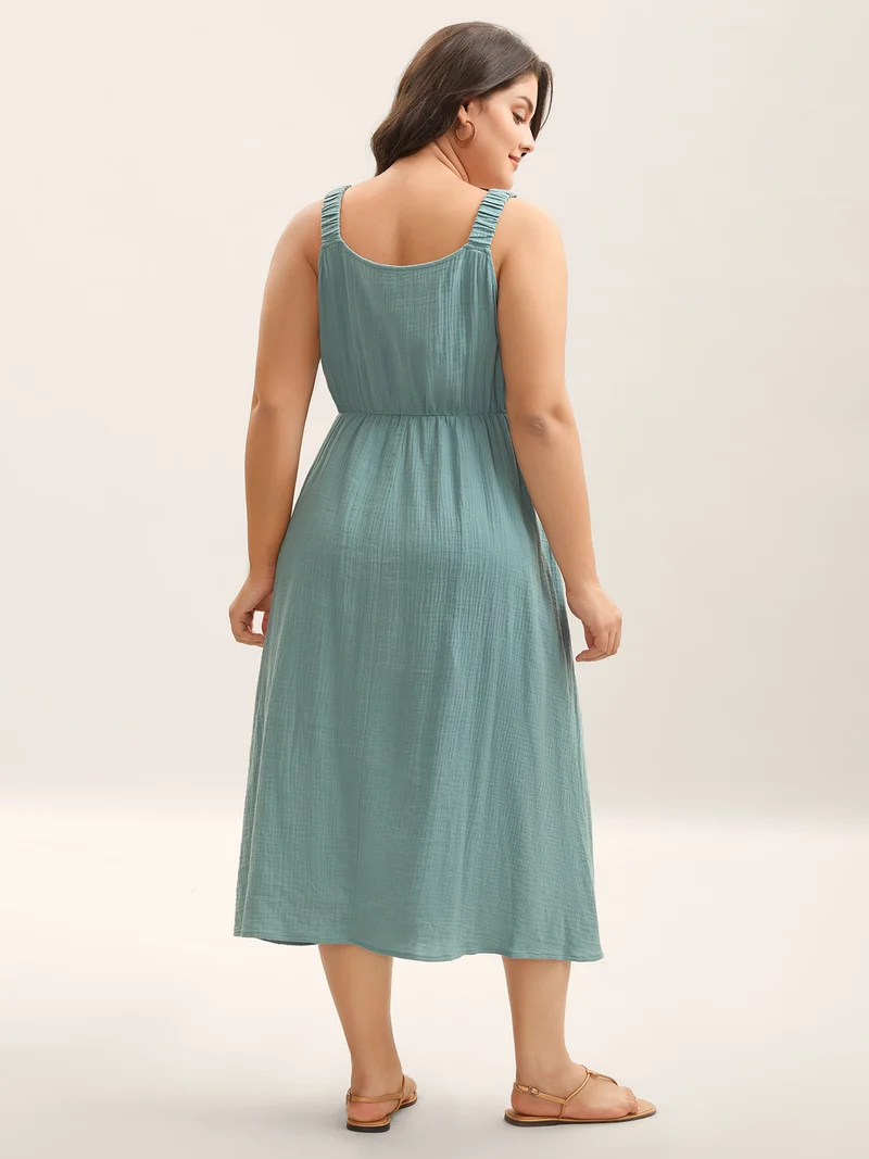 Cotton Textured Cinched-Waist A-Line Midi Dress