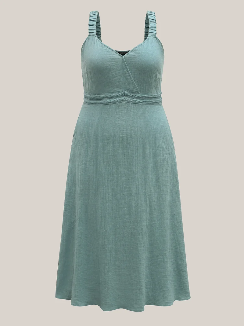 Cotton Textured Cinched-Waist A-Line Midi Dress