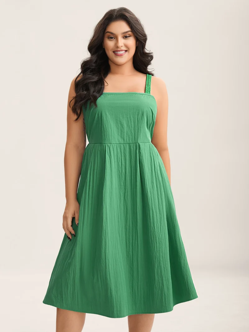 Solid Adjustable Straps Pockets Midi Dress