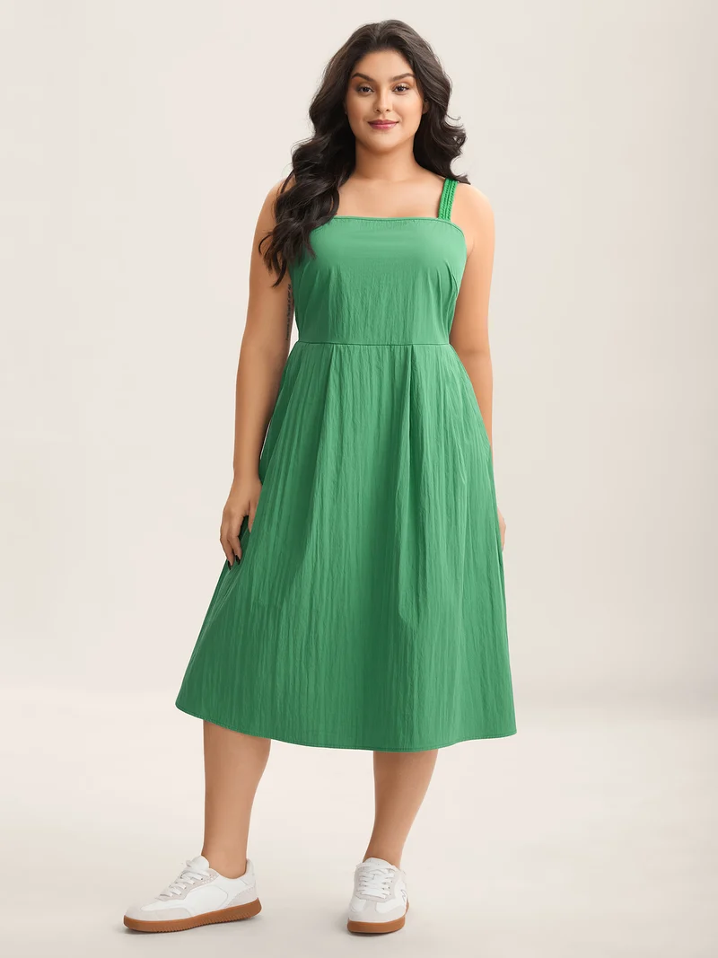 Solid Adjustable Straps Pockets Midi Dress