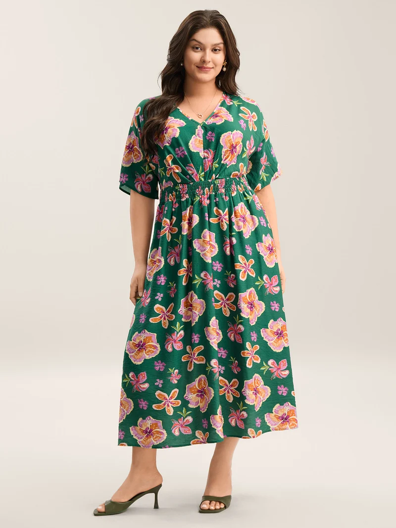 Large Floral Print Shirred Waist Midi Dress