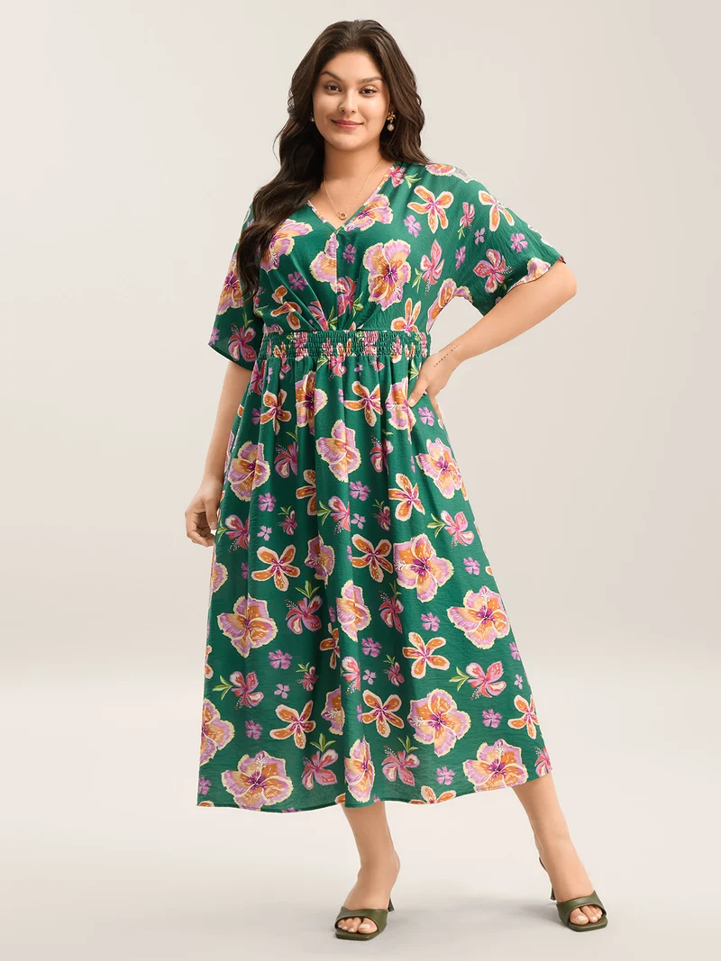Large Floral Print Shirred Waist Midi Dress