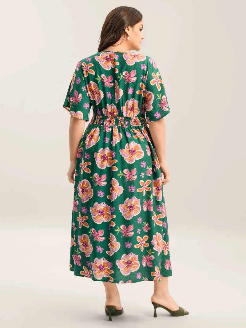 Large Floral Print Shirred Waist Midi Dress