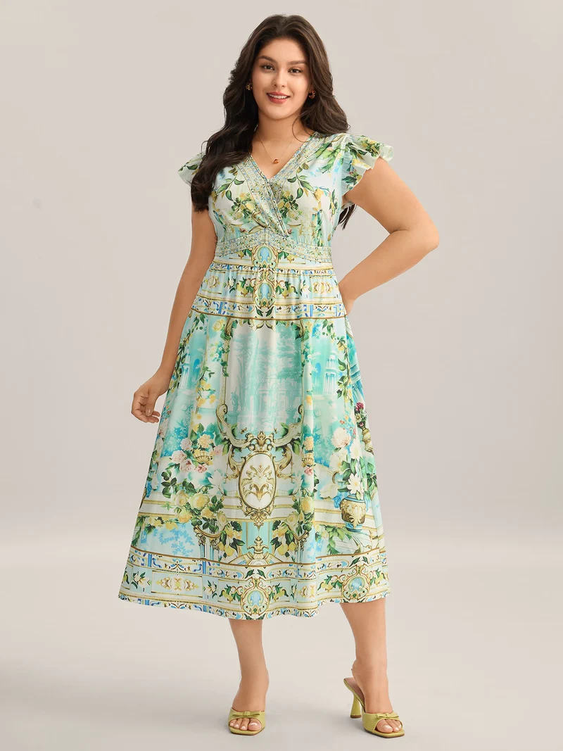 Breezy Print Surplice Neck Ruffled Midi Dress