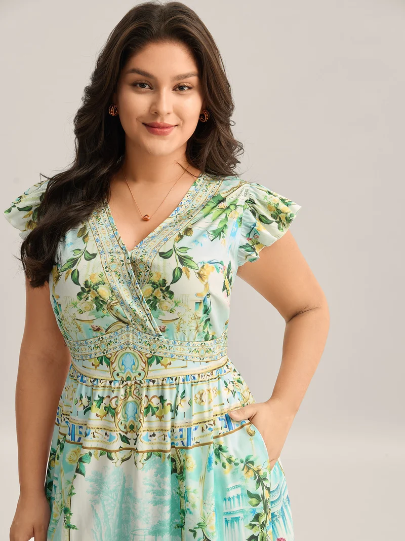 Breezy Print Surplice Neck Ruffled Midi Dress
