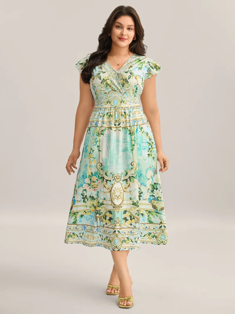 Breezy Print Surplice Neck Ruffled Midi Dress