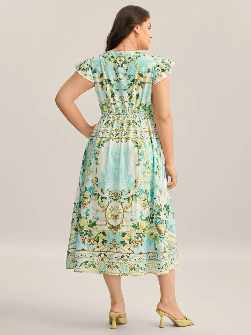 Breezy Print Surplice Neck Ruffled Midi Dress