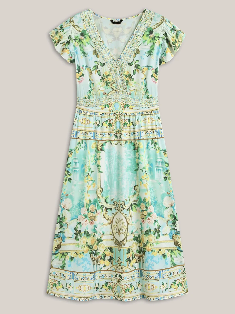 Breezy Print Surplice Neck Ruffled Midi Dress