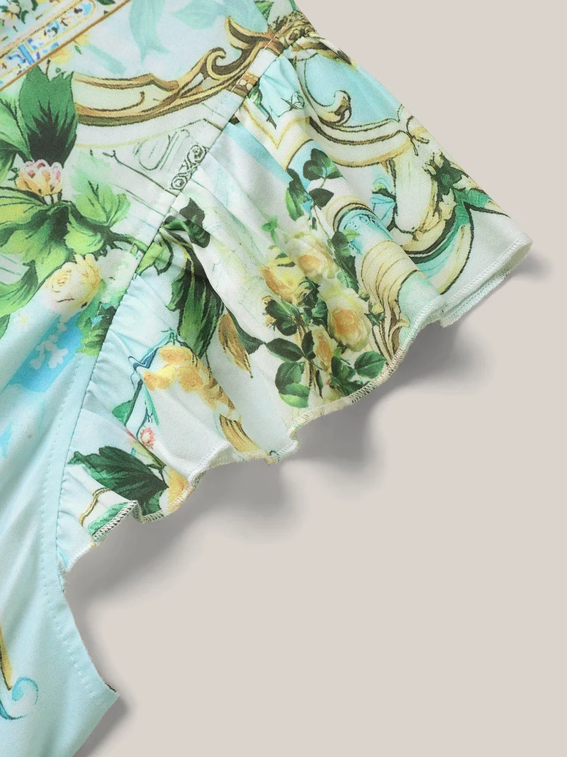 Breezy Print Surplice Neck Ruffled Midi Dress