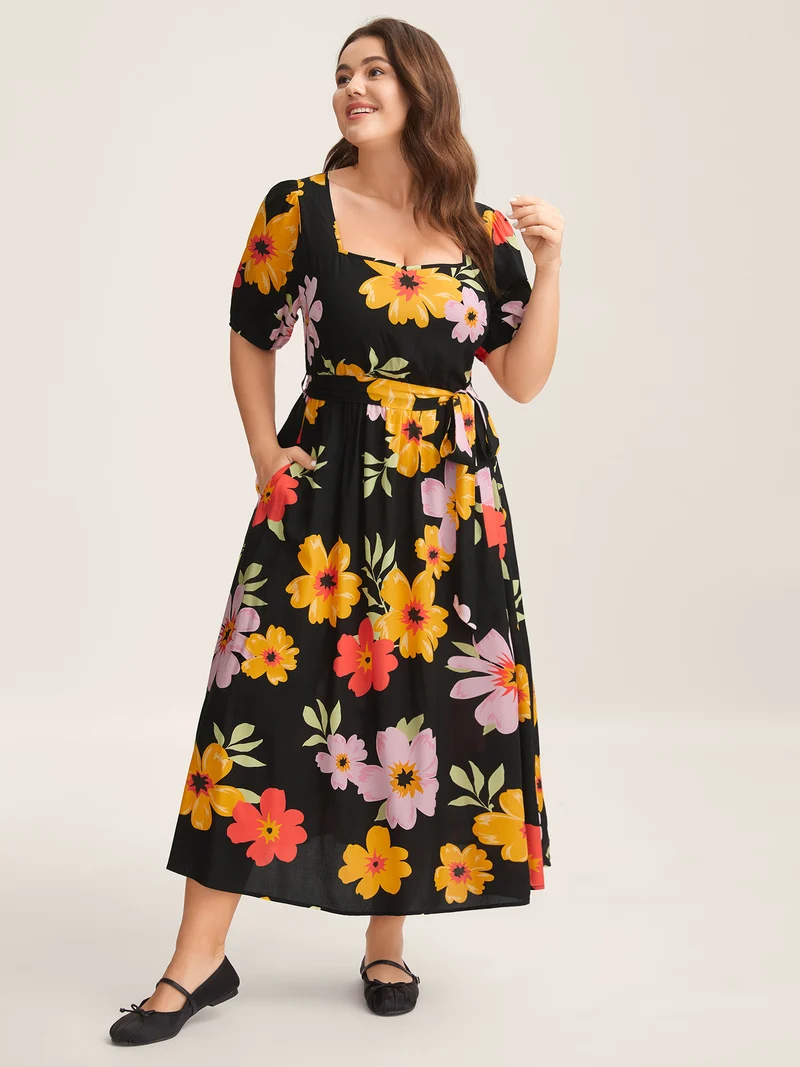 Rayon Sunkissed Florals Belted Pockets Midi Dress