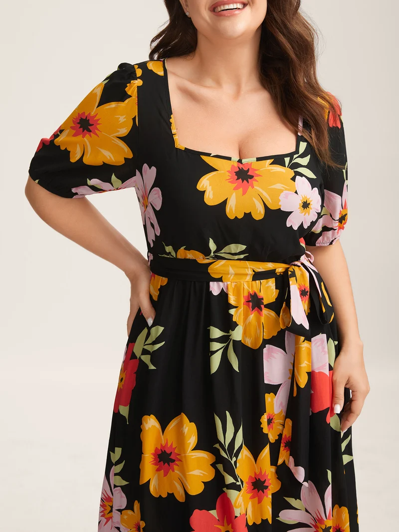 Rayon Sunkissed Florals Belted Pockets Midi Dress