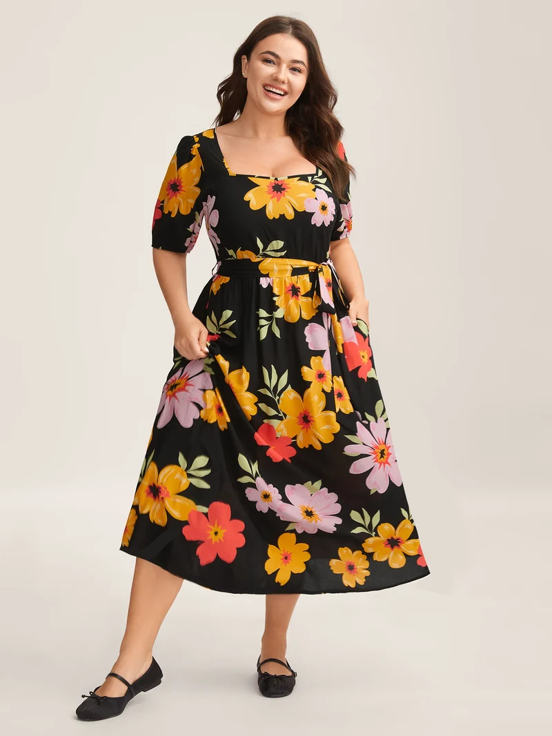 Rayon Sunkissed Florals Belted Pockets Midi Dress