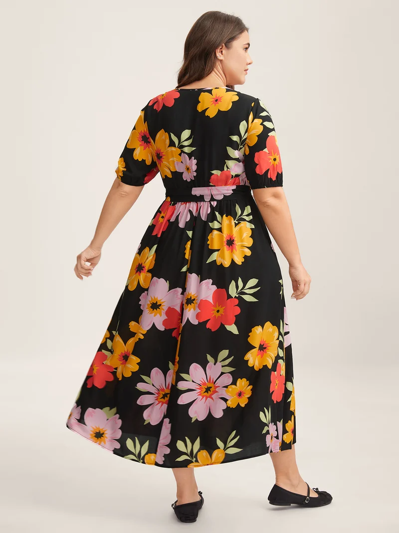 Rayon Sunkissed Florals Belted Pockets Midi Dress