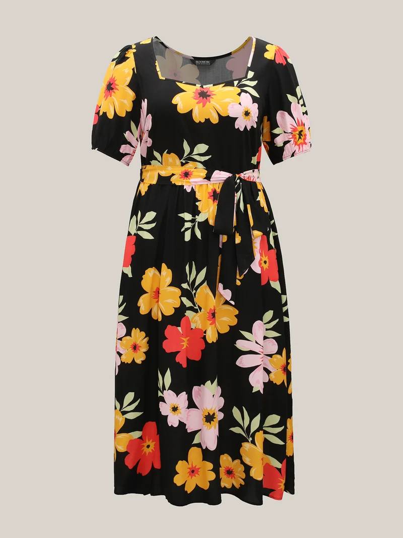 Rayon Sunkissed Florals Belted Pockets Midi Dress