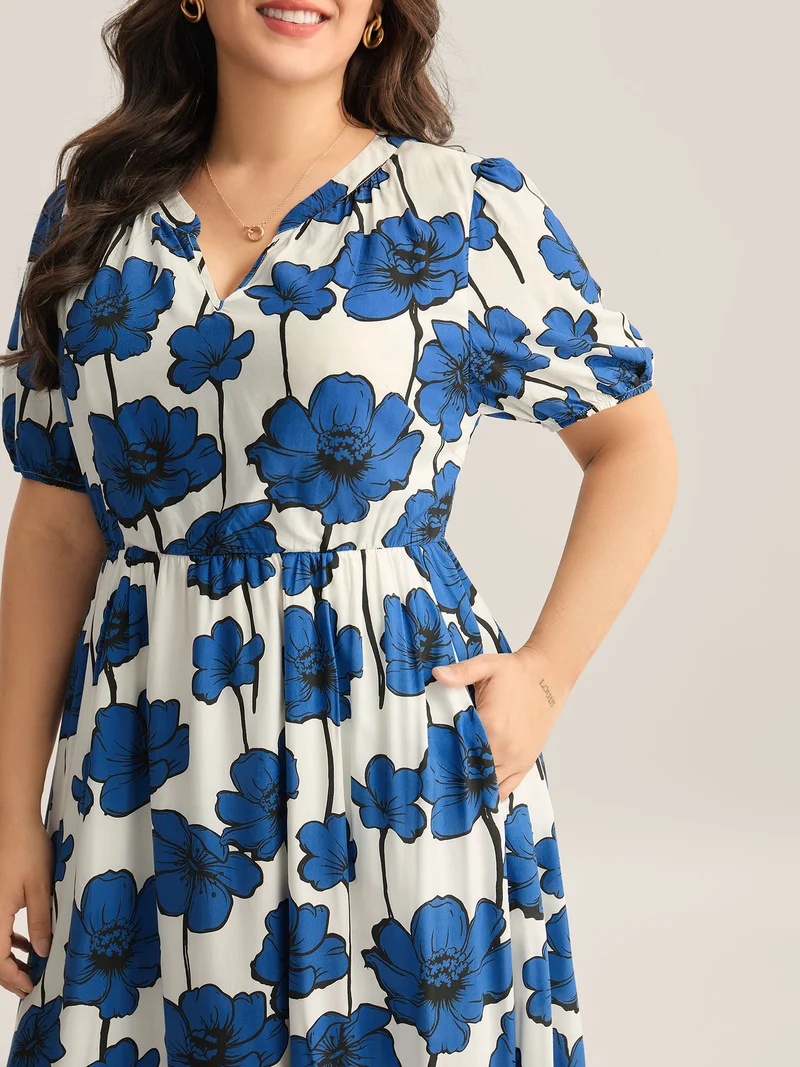 Large Floral Print Notched Collar Midi Dress
