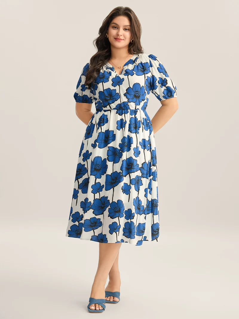Large Floral Print Notched Collar Midi Dress