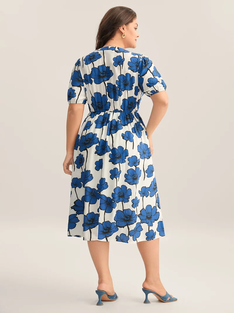 Large Floral Print Notched Collar Midi Dress