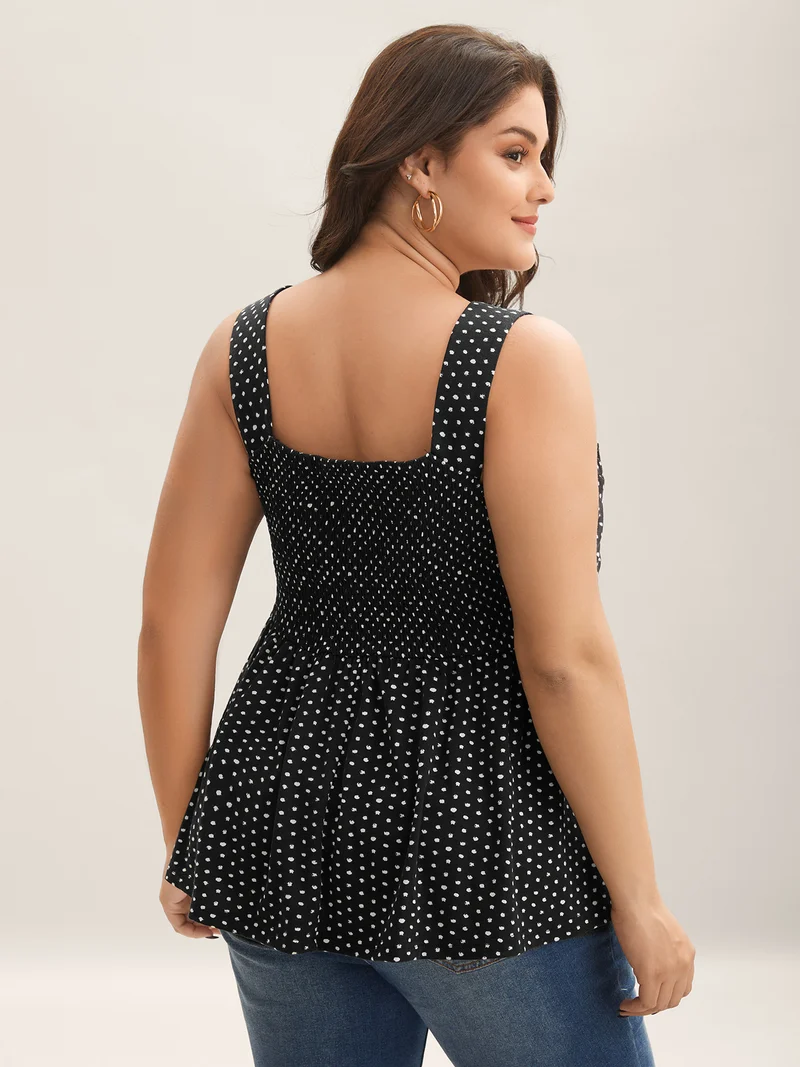Stretchy Polka Dots Shirred Tank Top