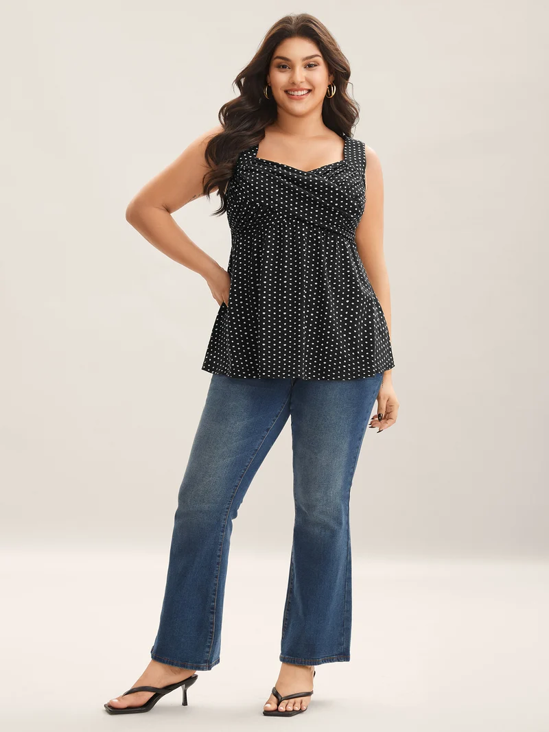Stretchy Polka Dots Shirred Tank Top