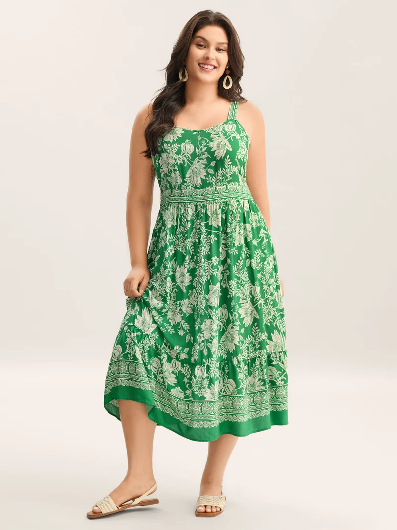 Breezy Floral Print Adjustable Straps Midi Dress