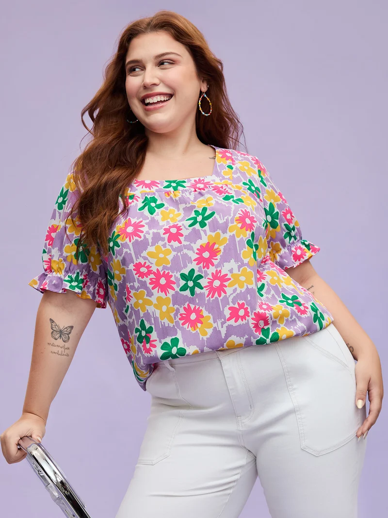 Rainbow Floral Print Pleated Blouse