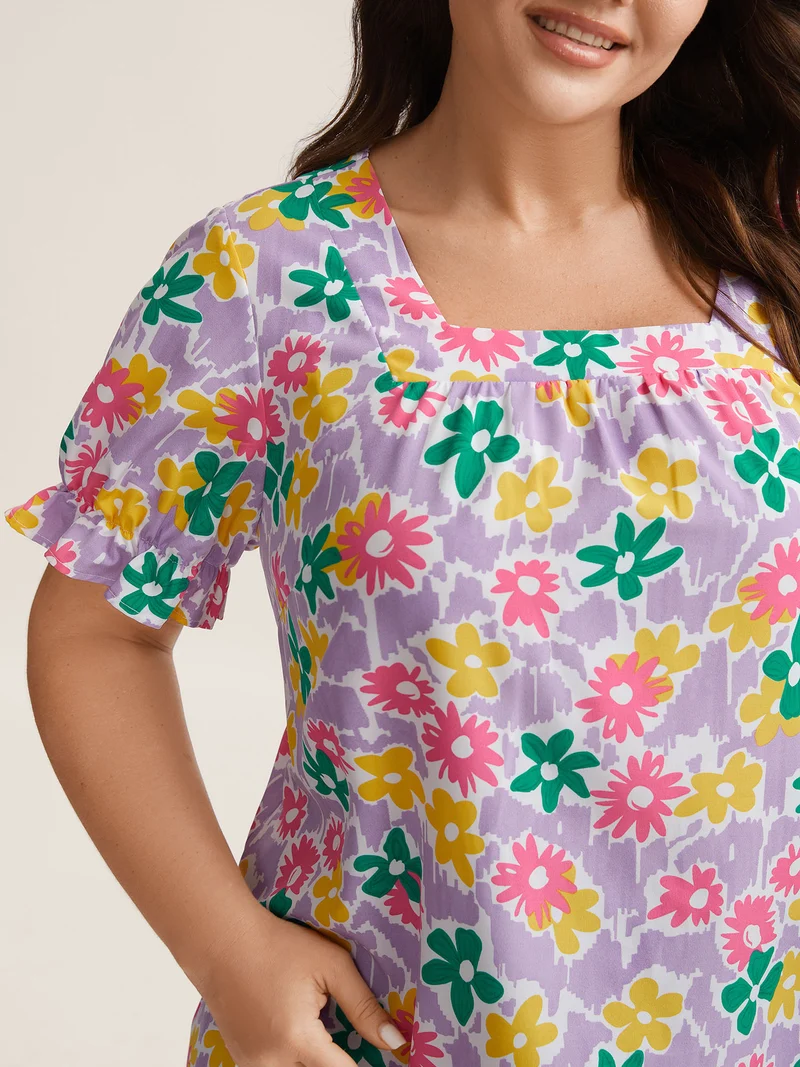 Rainbow Floral Print Pleated Blouse