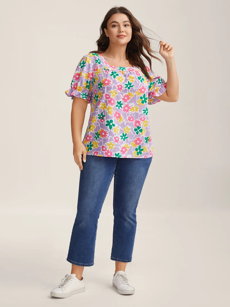 Rainbow Floral Print Pleated Blouse