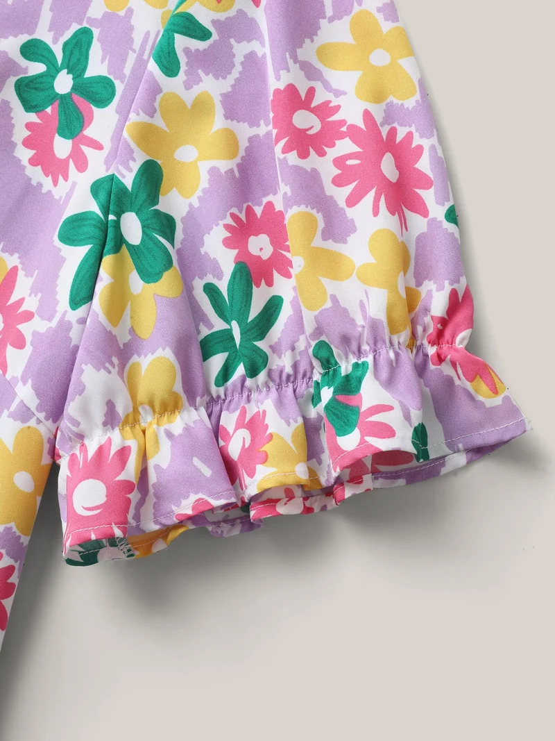 Rainbow Floral Print Pleated Blouse