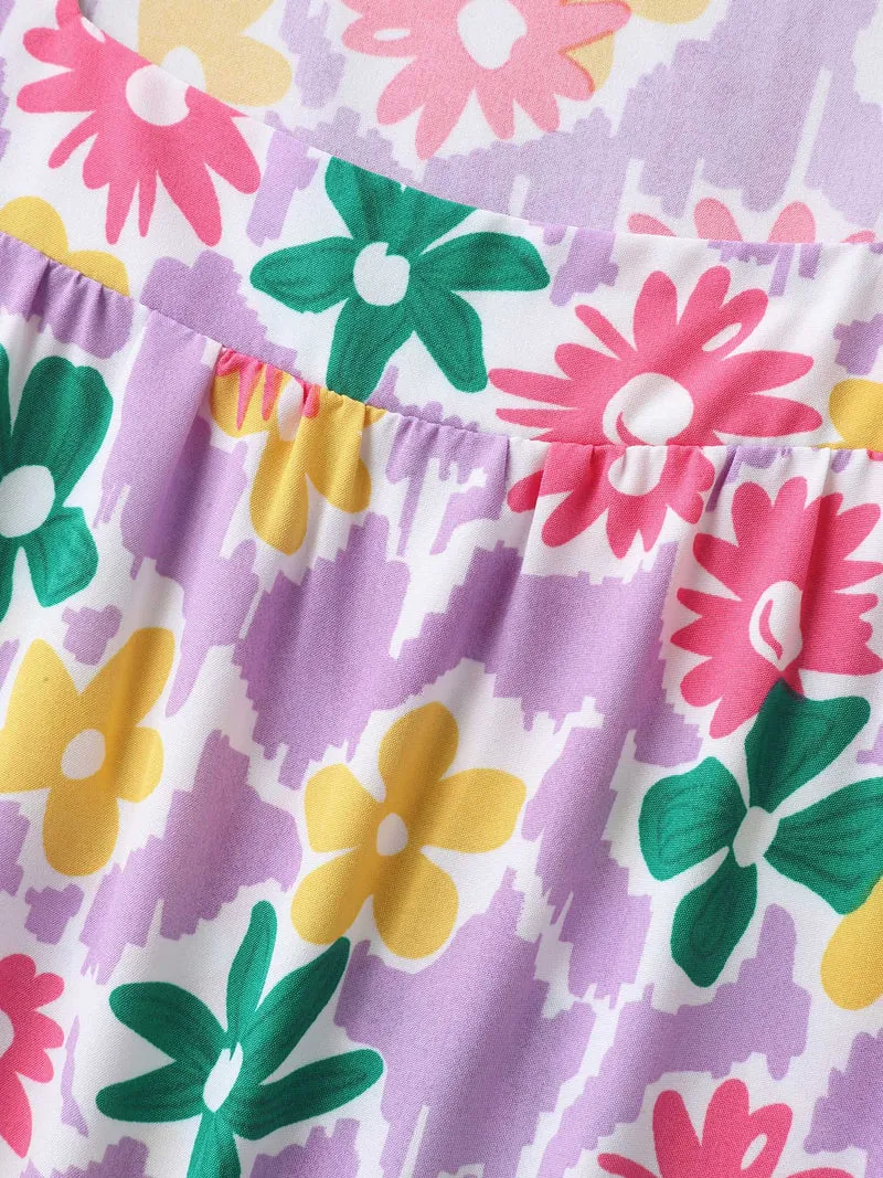 Rainbow Floral Print Pleated Blouse