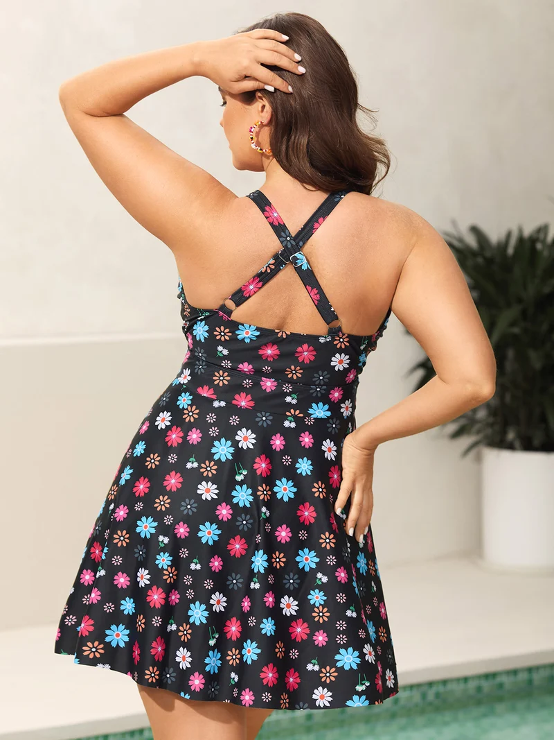Colorful Floral Print Fit Flare Swim Dress