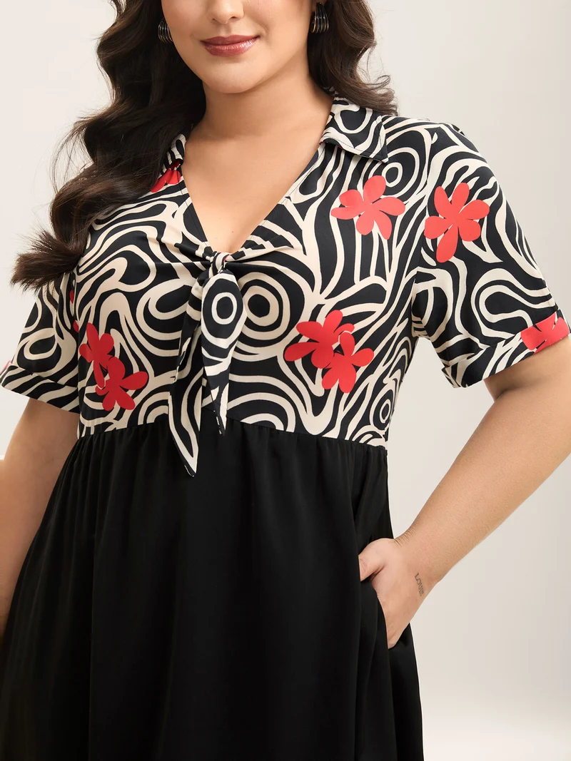 Ribbon Collar Floral Print Contrast Midi Dress
