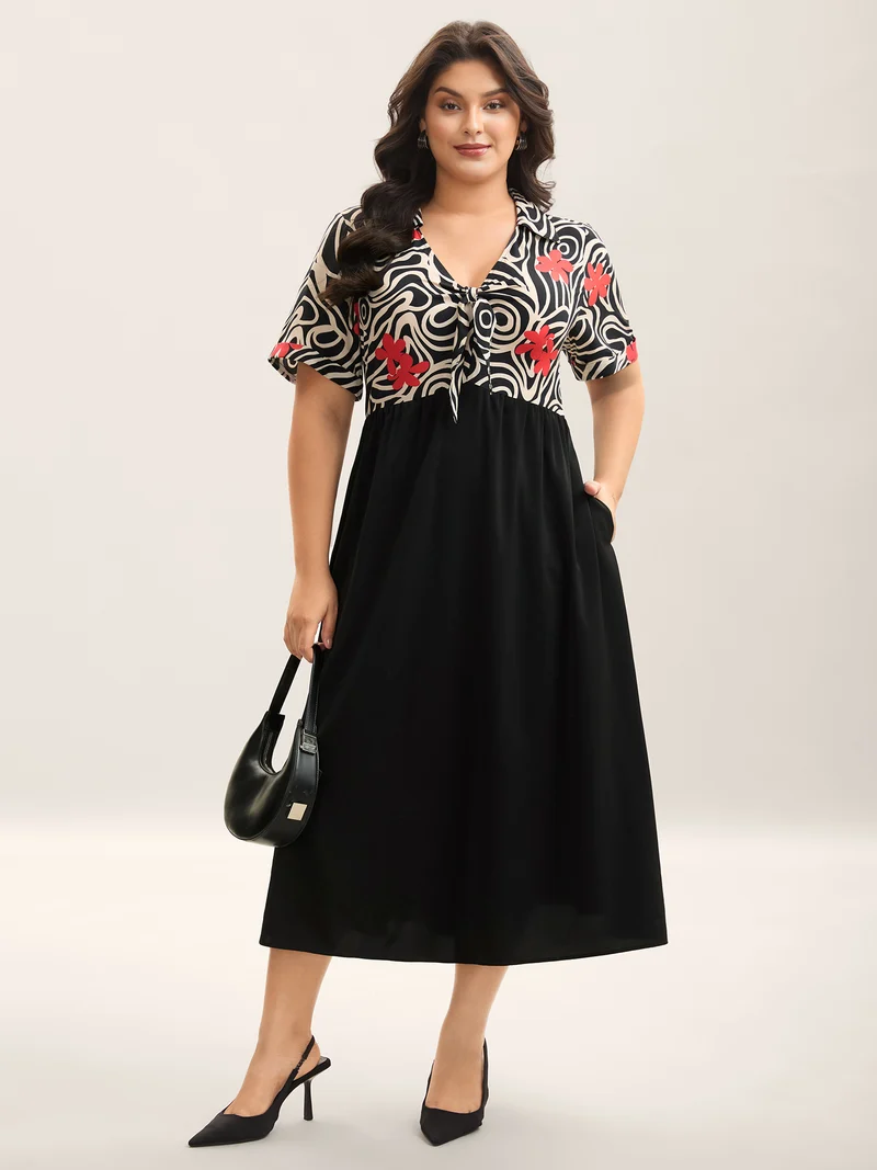 Ribbon Collar Floral Print Contrast Midi Dress