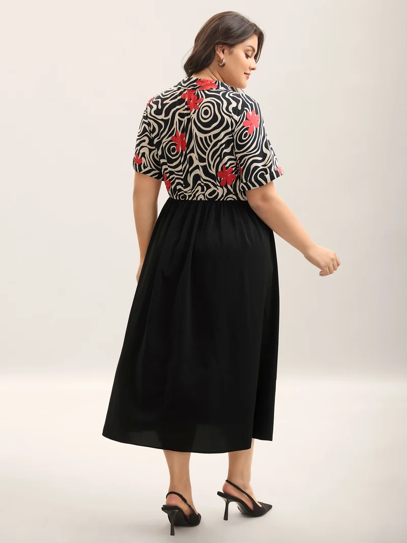 Ribbon Collar Floral Print Contrast Midi Dress