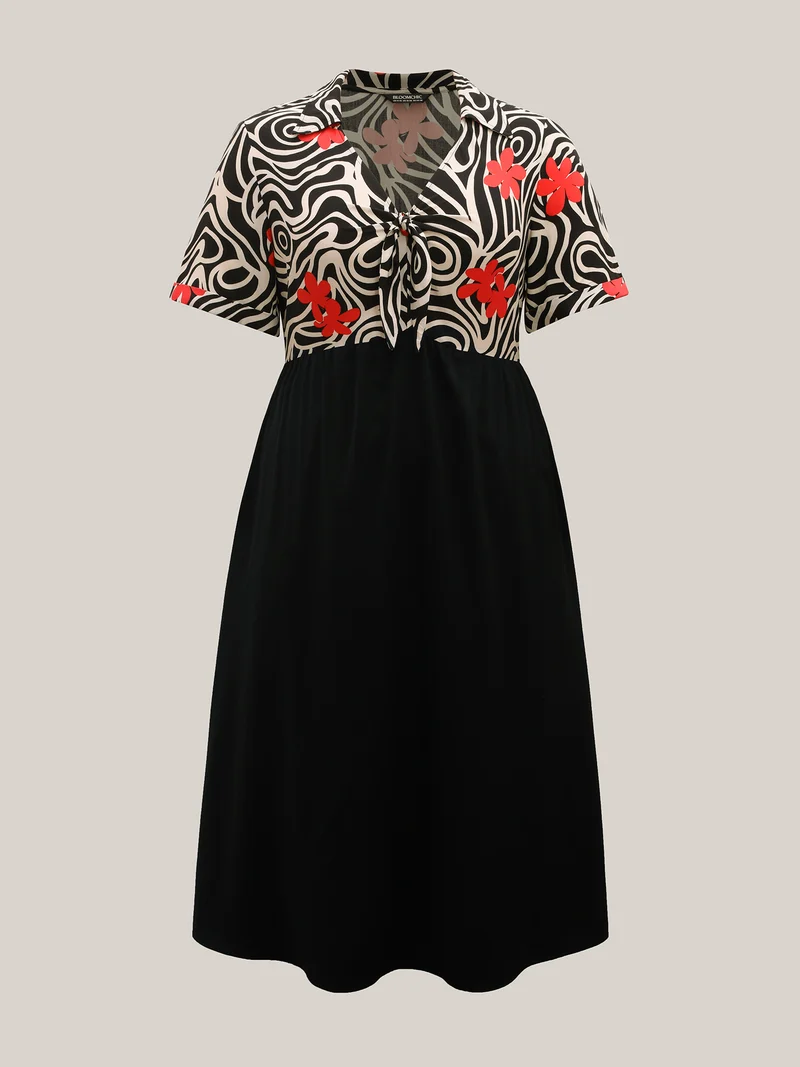 Ribbon Collar Floral Print Contrast Midi Dress