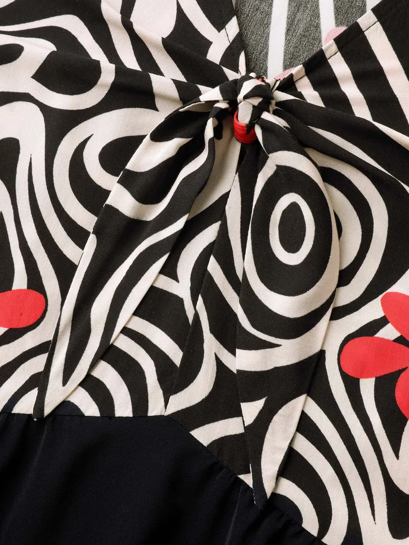 Ribbon Collar Floral Print Contrast Midi Dress