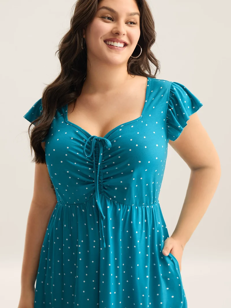 Dot Print Ruched Drawstring Midi Dress